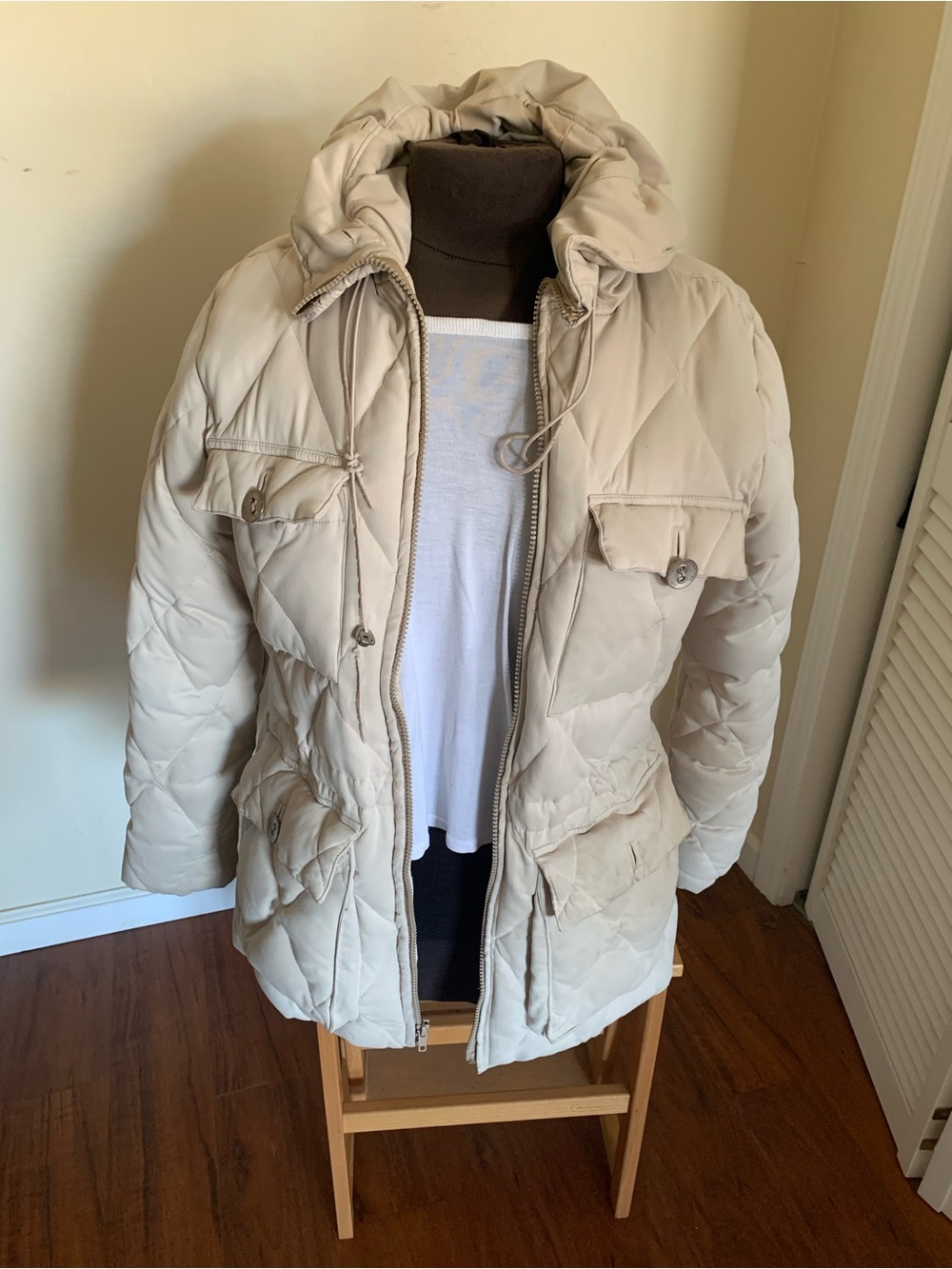 Calvin Klein Light Beige Quilted Hooded Puffer Jacket